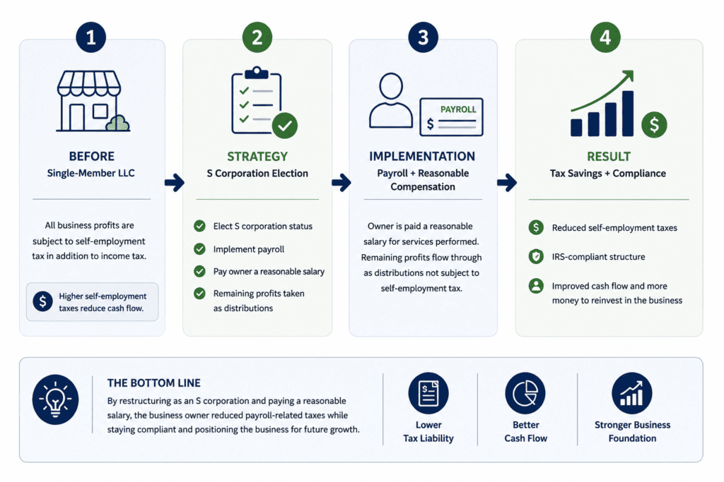 Infographic showing how an S corporation election can reduce self-employment taxes for a service business owner through payroll, reasonable compensation, and tax planning strategies.