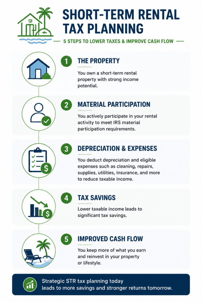 Short-term rental tax planning infographic showing the five-step process: property, material participation, depreciation and expenses, tax savings, and improved cash flow.