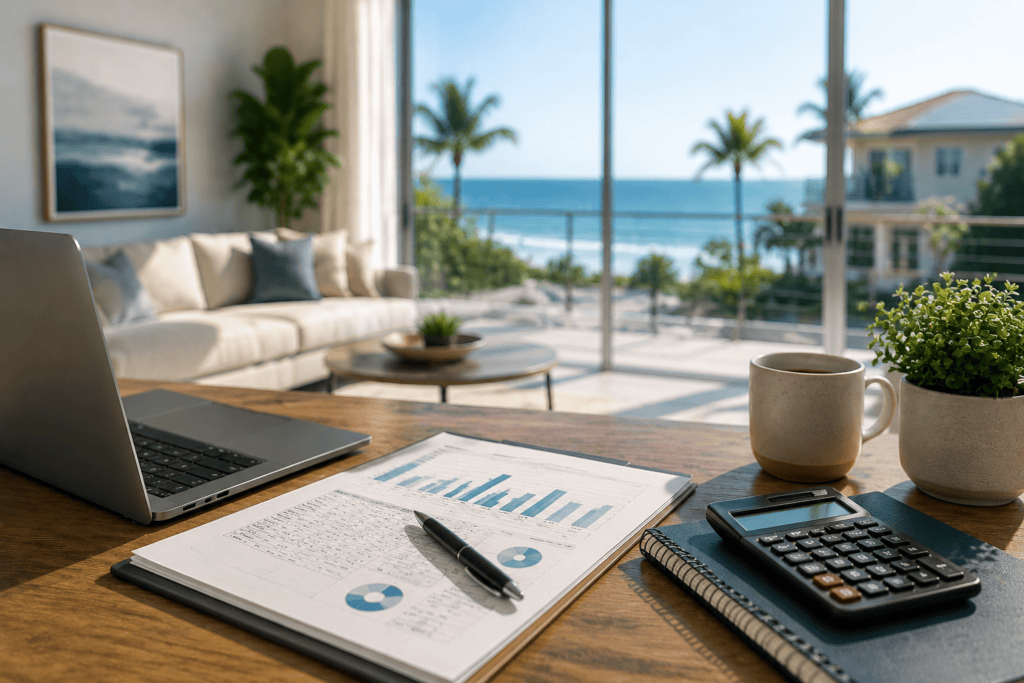 Professional CPA workspace with financial documents, charts, and a laptop displaying real estate and rental performance data, representing short-term rental tax planning, depreciation strategy, and IRS material participation analysis for Airbnb and VRBO owners.