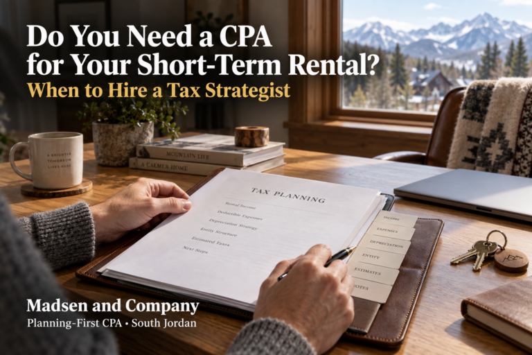 Short-term rental tax planning folder on an advisor desk with a mountain view