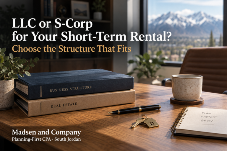 LLC or S-Corp planning with real estate folders and house keys on an advisor desk