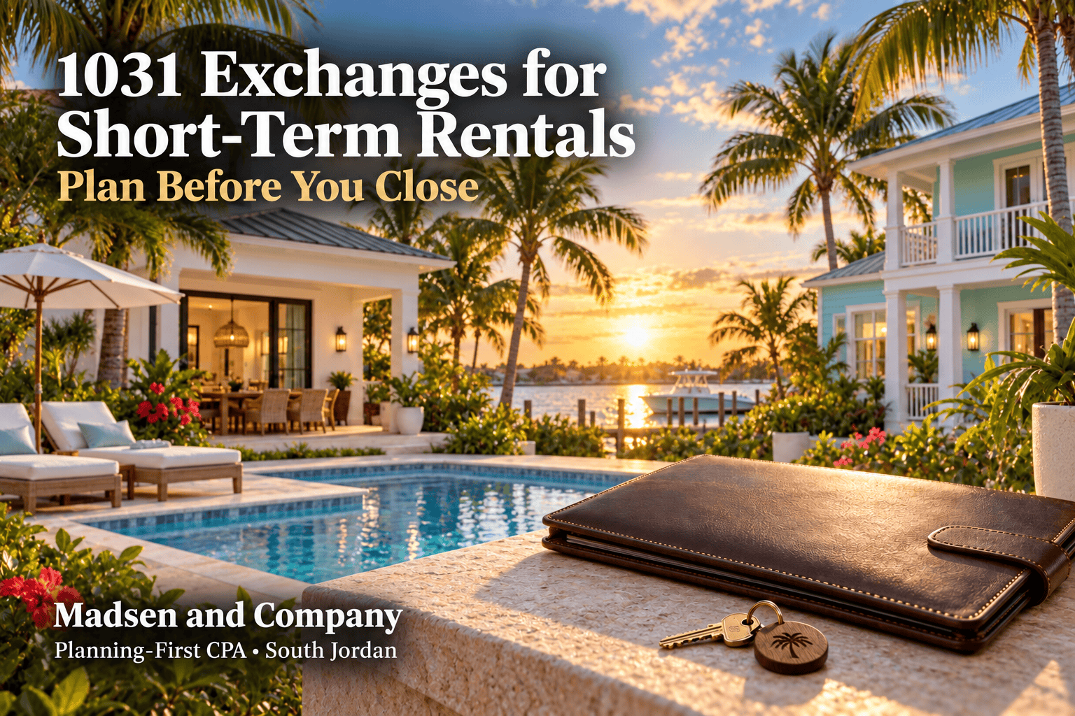 Two Florida coastal vacation homes beside a pool and palm trees, with a portfolio and house keys in the foreground