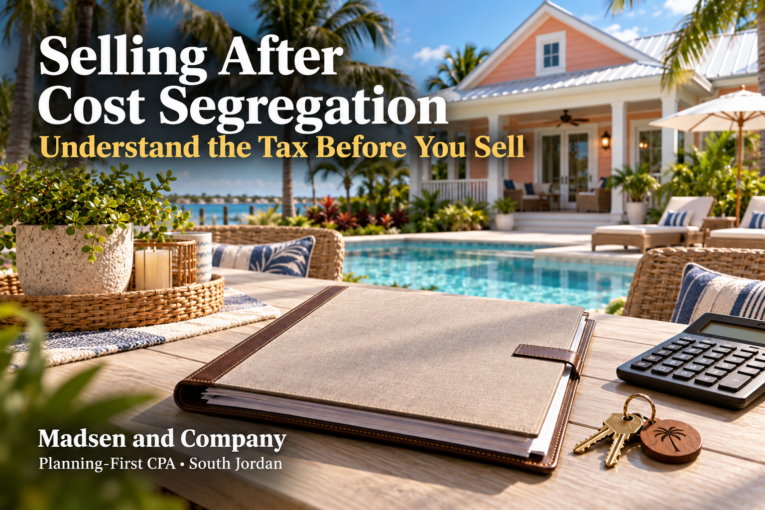 Coral Florida vacation cottage with palm trees and a pool, with a folder, calculator and house keys on a patio table