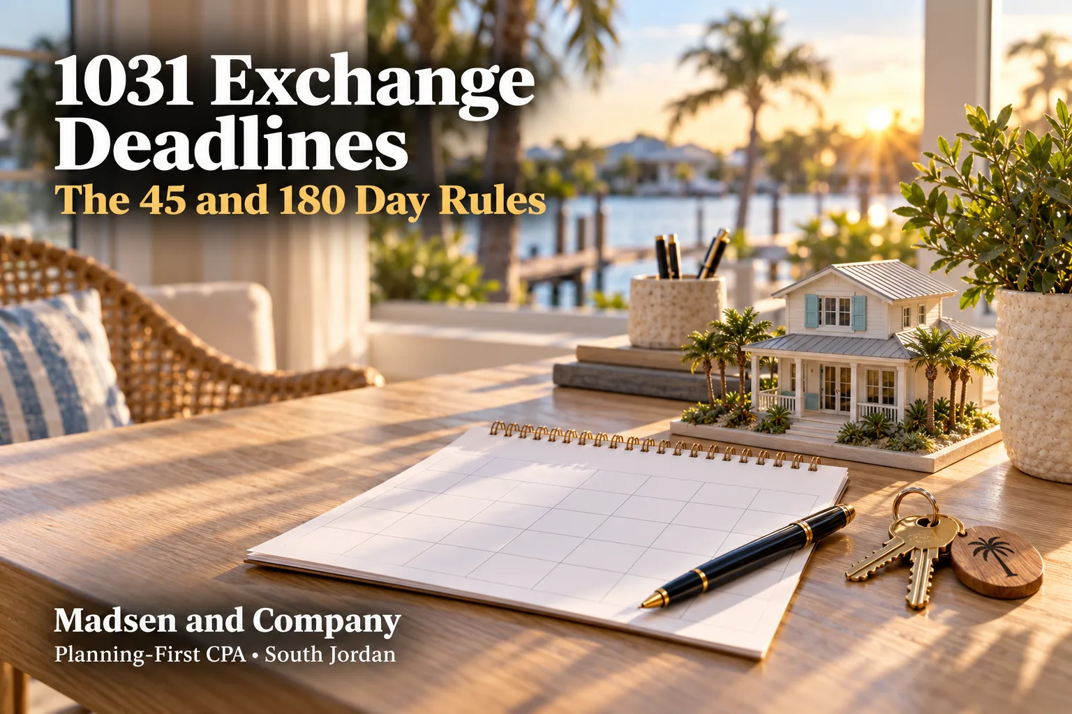 A sunlit desk with a paper calendar, a pen and house keys beside a small model of a coastal rental home