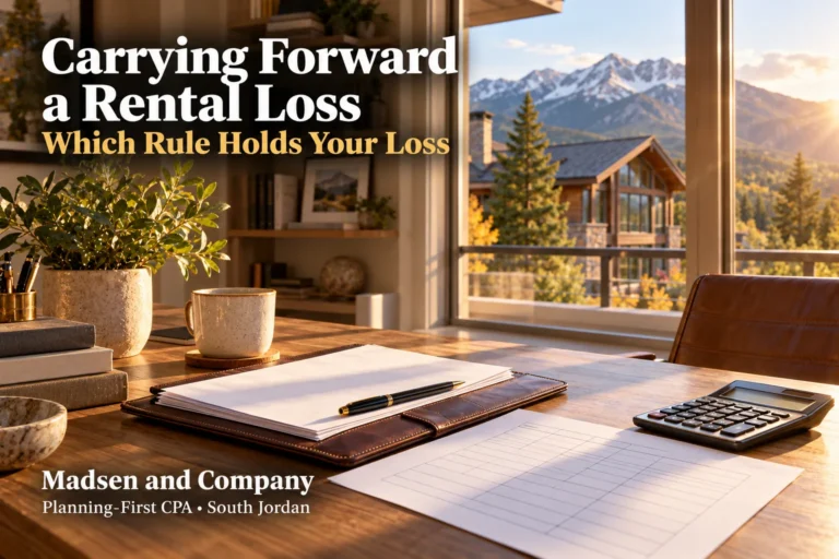 A home office desk in warm light with a rental property tax return, a loss carryforward worksheet, and a calculator