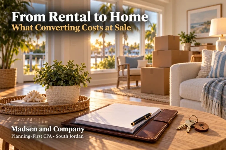 A warm living room in a former vacation rental with a few moving boxes, house keys and a folder of documents on a wooden table