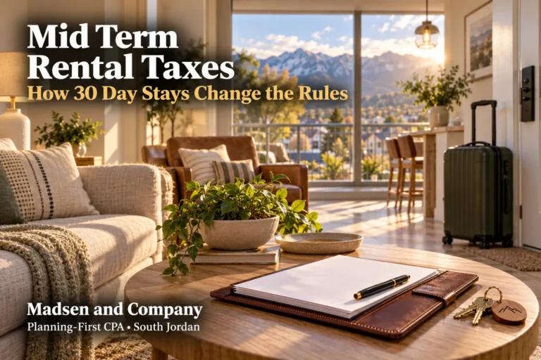 A furnished mid-term rental living room with a packed suitcase by the door and a one month lease and keys on the coffee table