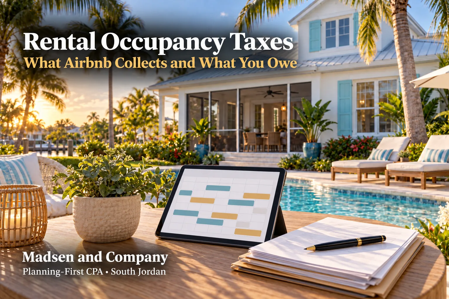 Coastal vacation rental at golden hour with palm trees and a pool, a booking tablet and tax paperwork on a patio table in the foreground